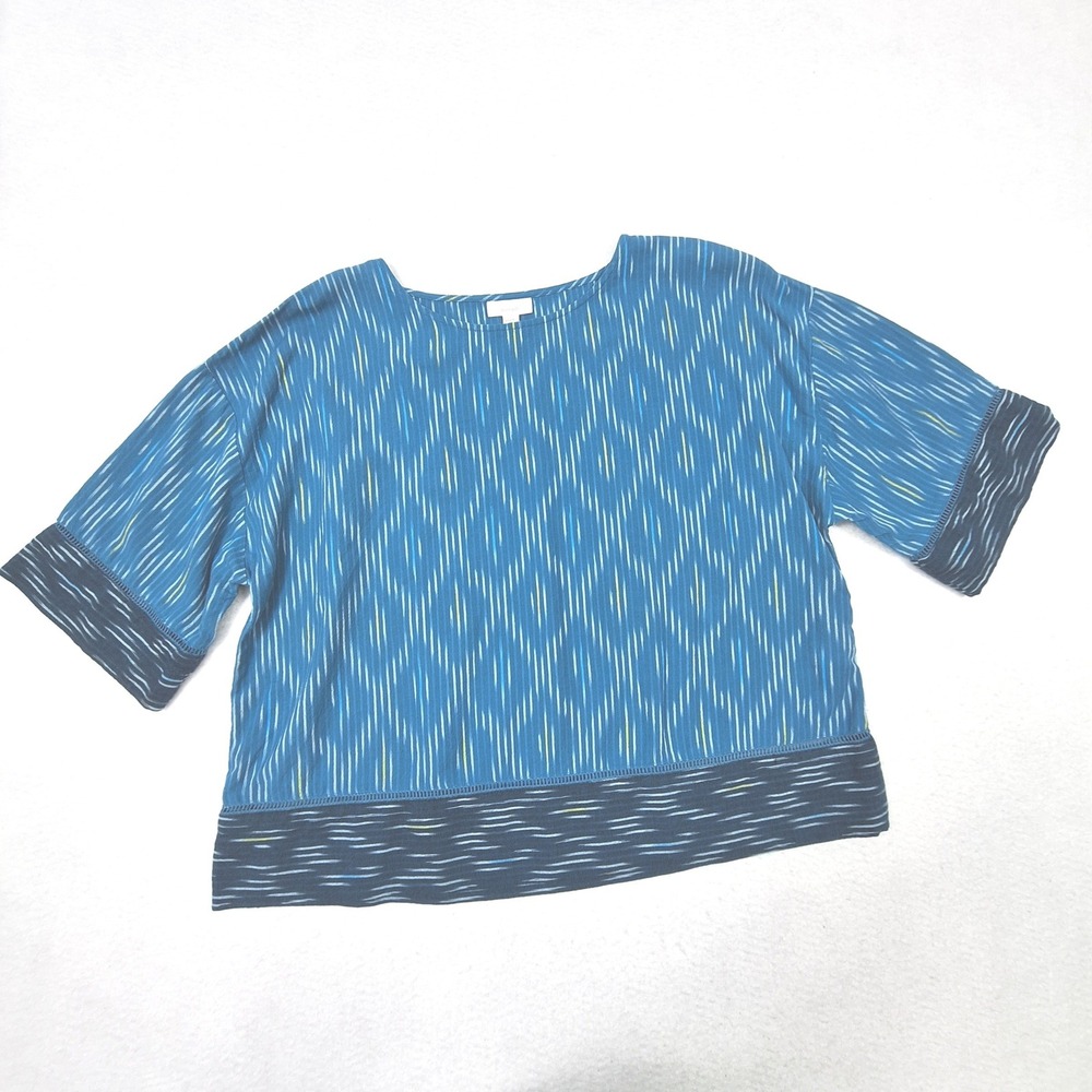 Pure Jill Top Womens Small Blue Ikat Stripe Cotton Relaxed Boxy Short Sleeve